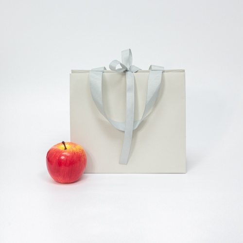 Пакеты бумажные 23х20х10см, цвет - бежевый, материал - мелованная бумага, ламинация - матовая, ручки - лента репсовая, фото 1 (вид спереди)