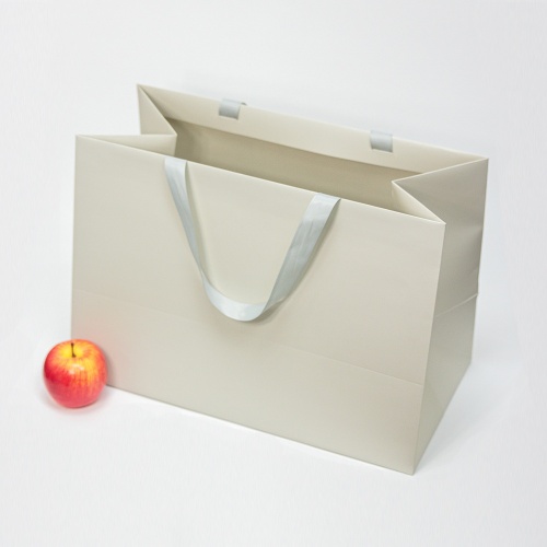 Пакеты бумажные 45х32х24см, цвет - бежевый, материал - картон, ламинация - матовая, ручки - лента репсовая, фото 4