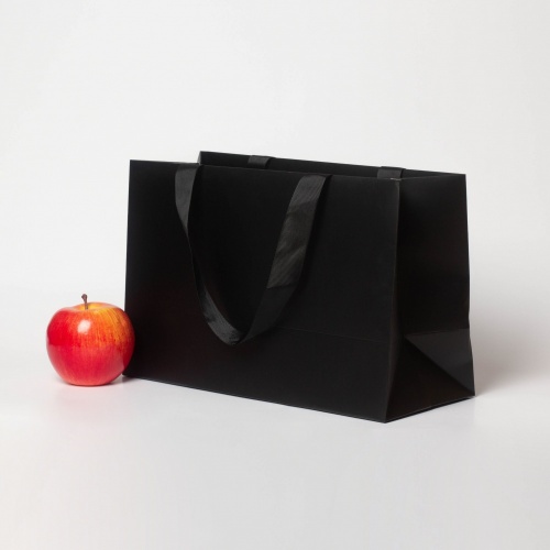 Пакеты бумажные 31х20х13см, цвет - черный, материал - картон, ламинация - матовая, ручки - лента репсовая, фото 2