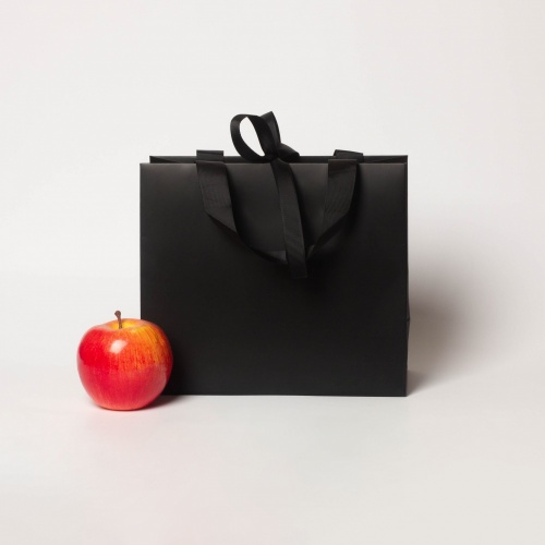 Пакеты бумажные 23х20х10см, цвет - черный, материал - мелованная бумага, ламинация - матовая, ручки - лента репсовая, фото 1 (вид спереди)
