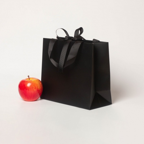 Пакеты бумажные 23х20х10см, цвет - черный, материал - мелованная бумага, ламинация - матовая, ручки - лента репсовая, фото 2