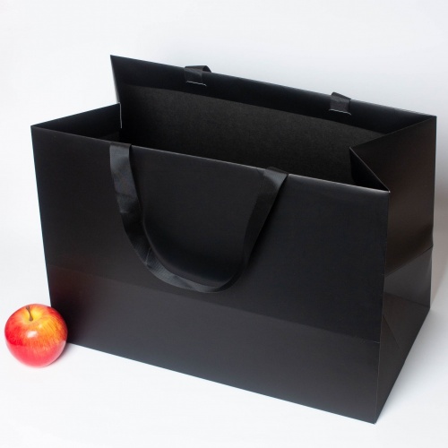 Пакеты бумажные 45х32х24см, цвет - черный, материал - картон, ламинация - матовая, ручки - лента репсовая, фото 4