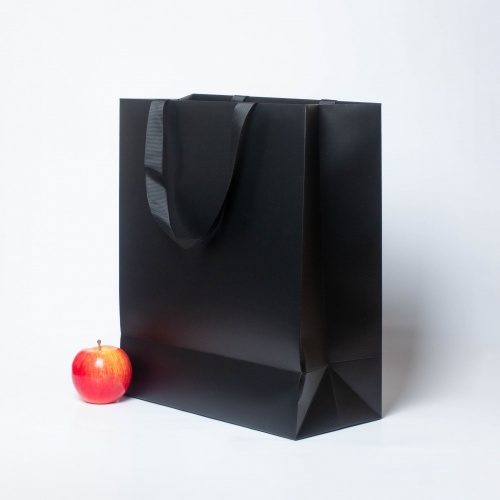 Пакеты бумажные 33х40х16см, цвет - черный, материал - картон, ламинация - матовая, ручки - лента репсовая, фото 3
