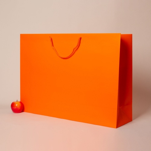 Пакеты бумажные 70х50х20см, цвет - оранжевый, материал - мелованная бумага, ламинация - матовая, ручки - лента репсовая, фото 2