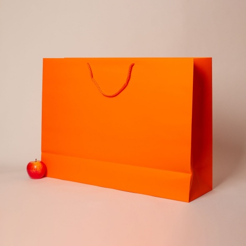 Пакеты бумажные 70х50х20см, цвет - оранжевый, материал - мелованная бумага, ламинация - матовая, ручки - лента репсовая, фото 3