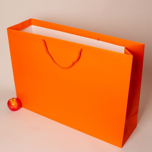 Пакеты бумажные 70х50х20см, цвет - оранжевый, материал - мелованная бумага, ламинация - матовая, ручки - лента репсовая, фото 4