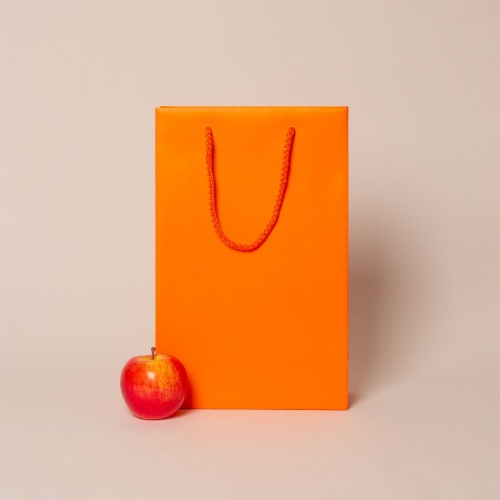 Пакеты бумажные 23х36х10см, цвет - оранжевый, материал - мелованная бумага, ламинация - матовая, ручки - лента репсовая, фото 1 (вид спереди)