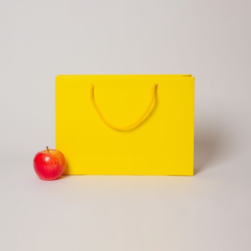 Пакеты бумажные 35х25х10см, цвет - желтый, материал - мелованная бумага, ламинация - матовая, ручки - шнур, фото 1 (вид спереди)