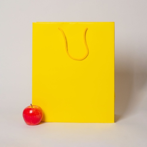 Пакеты бумажные 33х40х16см, цвет - желтый, материал - мелованная бумага, ламинация - матовая, ручки - шнур, фото 1 (вид спереди)