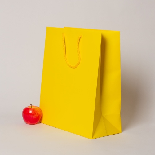 Пакеты бумажные 33х40х16см, цвет - желтый, материал - мелованная бумага, ламинация - матовая, ручки - шнур, фото 2