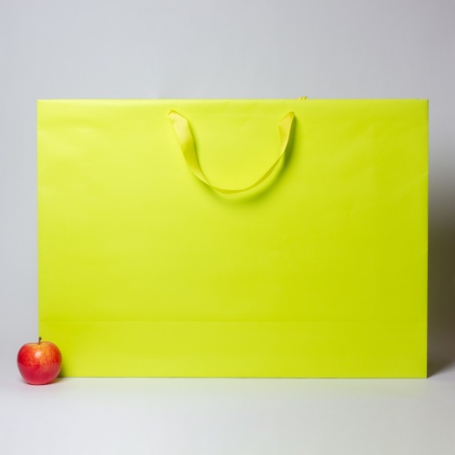 Пакеты бумажные 70х50х20см, цвет - салатовый, материал - мелованная бумага, ламинация - матовая, ручки - лента репсовая, фото 1 (вид спереди)