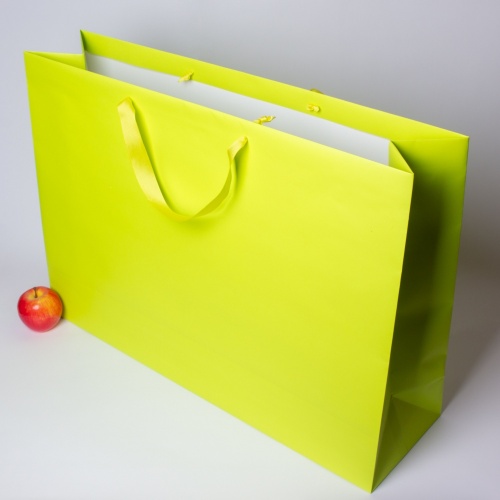 Пакеты бумажные 70х50х20см, цвет - салатовый, материал - мелованная бумага, ламинация - матовая, ручки - лента репсовая, фото 4