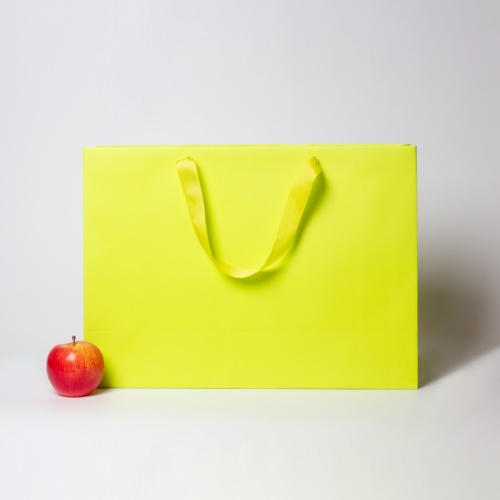 Пакеты бумажные 47х34х16см, цвет - салатовый, материал - мелованная бумага, ламинация - матовая, ручки - лента репсовая, фото 1 (вид спереди)