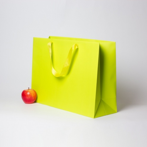 Пакеты бумажные 47х34х16см, цвет - салатовый, материал - мелованная бумага, ламинация - матовая, ручки - лента репсовая, фото 2