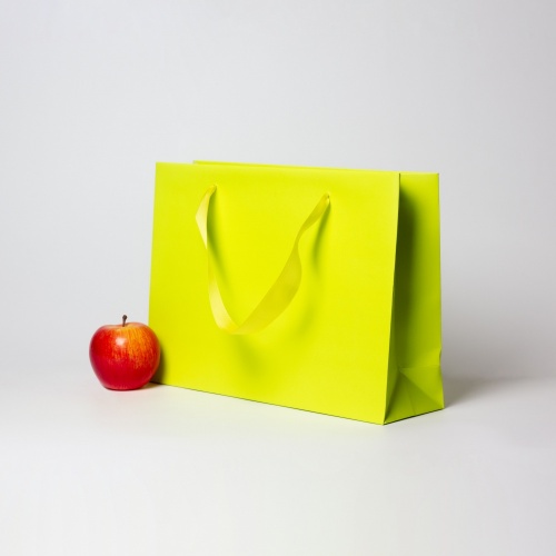 Пакеты бумажные 35х25х10см, цвет - салатовый, материал - мелованная бумага, ламинация - матовая, ручки - лента репсовая, фото 2