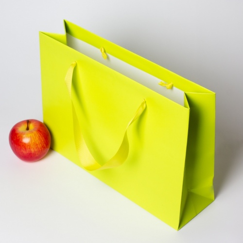 Пакеты бумажные 35х25х10см, цвет - салатовый, материал - мелованная бумага, ламинация - матовая, ручки - лента репсовая, фото 4