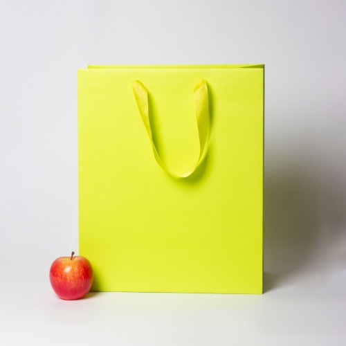 Пакеты бумажные 33х40х16см, цвет - салатовый, материал - мелованная бумага, ламинация - матовая, ручки - лента репсовая, фото 1 (вид спереди)
