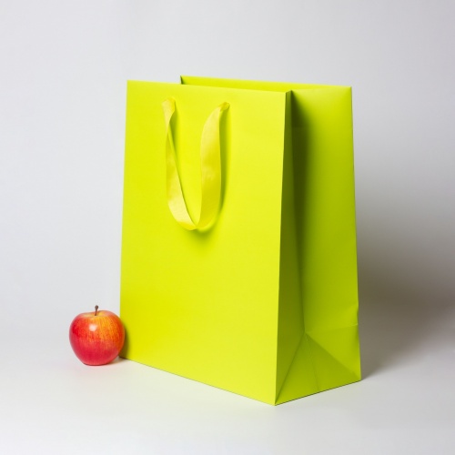 Пакеты бумажные 33х40х16см, цвет - салатовый, материал - мелованная бумага, ламинация - матовая, ручки - лента репсовая, фото 2