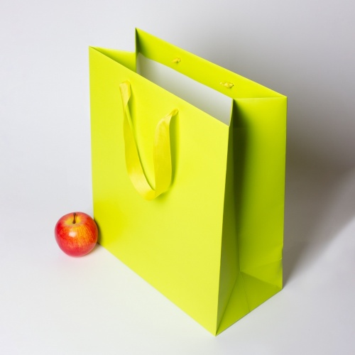 Пакеты бумажные 33х40х16см, цвет - салатовый, материал - мелованная бумага, ламинация - матовая, ручки - лента репсовая, фото 4
