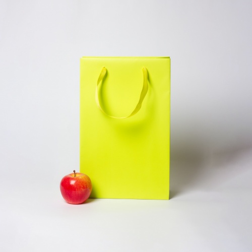 Пакеты бумажные 23х36х10см, цвет - салатовый, материал - мелованная бумага, ламинация - матовая, ручки - лента репсовая, фото 1 (вид спереди)