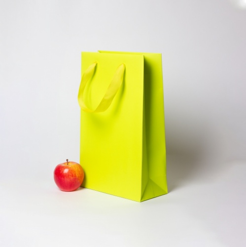 Пакеты бумажные 23х36х10см, цвет - салатовый, материал - мелованная бумага, ламинация - матовая, ручки - лента репсовая, фото 2