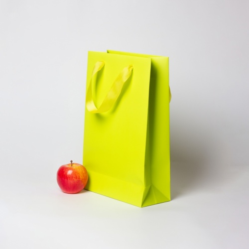 Пакеты бумажные 23х36х10см, цвет - салатовый, материал - мелованная бумага, ламинация - матовая, ручки - лента репсовая, фото 3