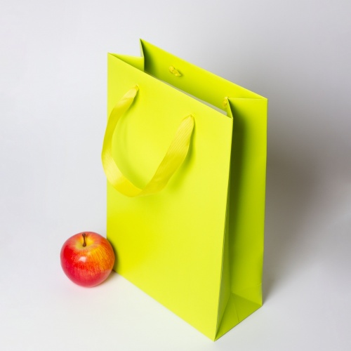 Пакеты бумажные 23х36х10см, цвет - салатовый, материал - мелованная бумага, ламинация - матовая, ручки - лента репсовая, фото 4