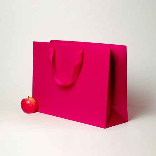 Пакеты бумажные 47х34х16см, цвет - пурпурный, материал - мелованная бумага, ламинация - матовая, ручки - лента репсовая, фото 2