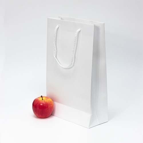 Пакеты бумажные 23х36х10см, цвет - белый, материал - мелованная бумага, ламинация - матовая, ручки - шнур, фото 3