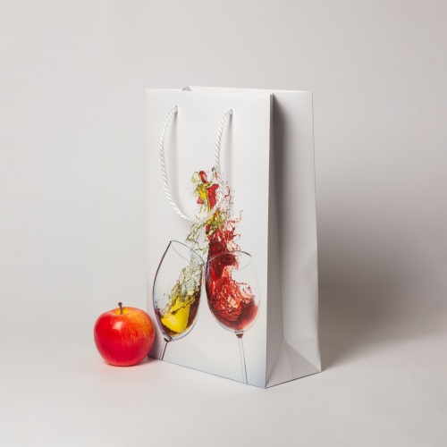 Пакеты бумажные 23х36х10см, цвет - белый, материал - мелованная бумага, ламинация - матовая, ручки - лента репсовая, фото 2