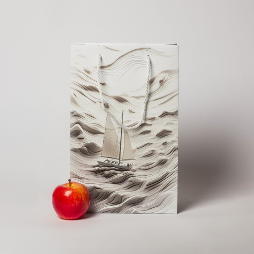 Пакеты бумажные 23х36х10см, цвет - белый, материал - мелованная бумага, ламинация - матовая, ручки - лента репсовая, фото 1 (вид спереди)