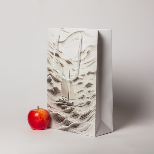Пакеты бумажные 23х36х10см, цвет - белый, материал - мелованная бумага, ламинация - матовая, ручки - лента репсовая, фото 2