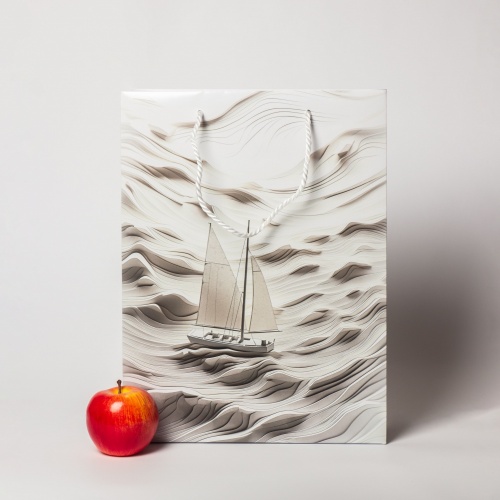 Пакеты бумажные 30х40х12см, цвет - белый, материал - мелованная бумага, ламинация - матовая, ручки - лента репсовая, фото 1 (вид спереди)