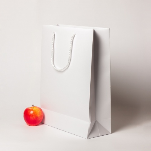 Пакеты бумажные 30х40х12см, цвет - белый, материал - мелованная бумага, ламинация - матовая, ручки - лента репсовая, фото 3