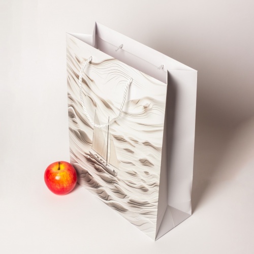 Пакеты бумажные 30х40х12см, цвет - белый, материал - мелованная бумага, ламинация - матовая, ручки - лента репсовая, фото 4