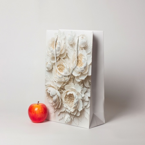 Пакеты бумажные 23х36х10см, цвет - белый, материал - мелованная бумага, ламинация - матовая, ручки - лента репсовая, фото 2