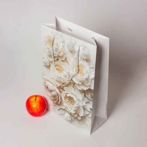 Пакеты бумажные 23х36х10см, цвет - белый, материал - мелованная бумага, ламинация - матовая, ручки - лента репсовая, фото 4