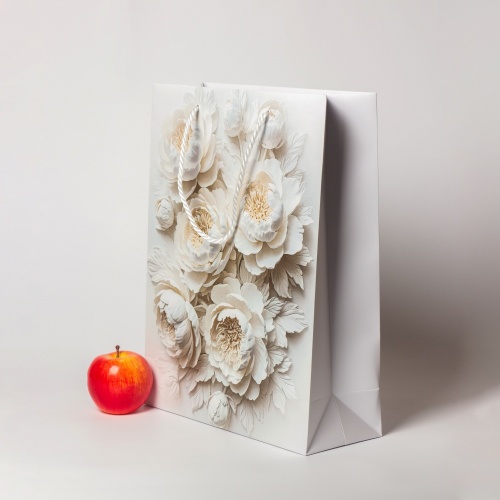 Пакеты бумажные 3х40х12см, цвет - белый, материал - мелованная бумага, ламинация - матовая, ручки - лента репсовая, фото 2