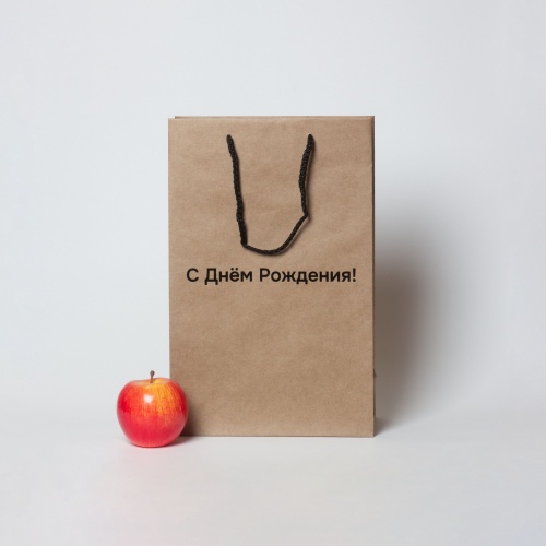 Пакеты бумажные 23х36х10см, цвет - коричневый, материал - плотный крафт, ламинация - без ламинации, ручки - шнур, фото 1 (вид спереди)