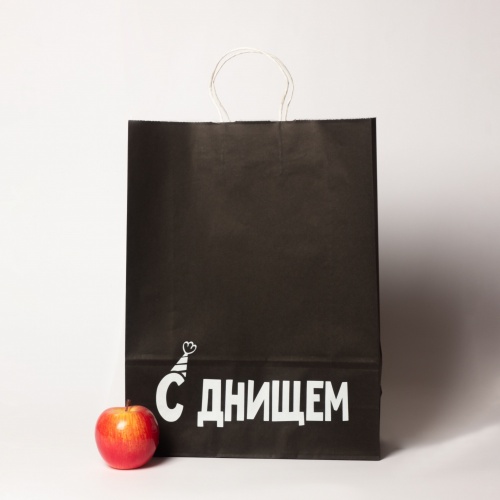 Пакеты бумажные 32х42х12см, цвет - черный, материал - тонкий крафт, ламинация - без ламинации, ручки - крученые (шпагат), фото 1 (вид спереди)