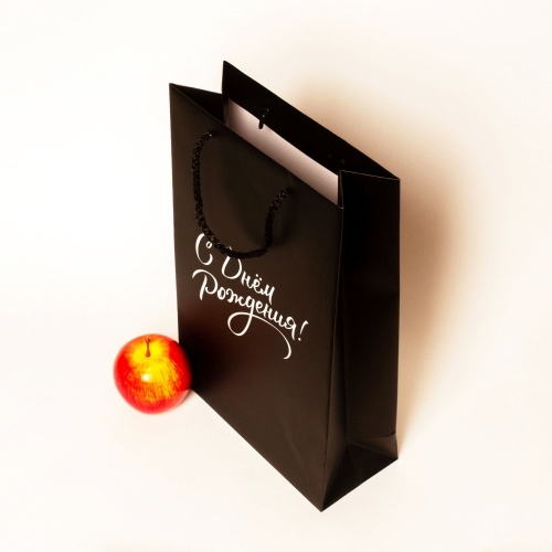 Пакеты бумажные 23х36х10см, цвет - черный, материал - мелованная бумага, ламинация - матовая, ручки - шнур, фото 4