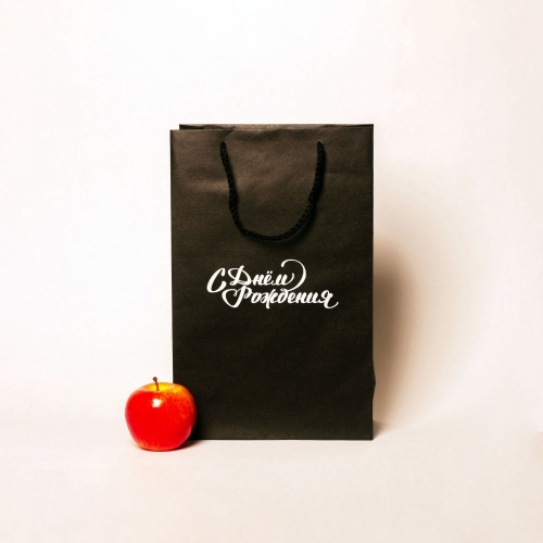 Пакеты бумажные 23х36х10см, цвет - черный, материал - плотный крафт, ламинация - без ламинации, ручки - шнур, фото 1 (вид спереди)