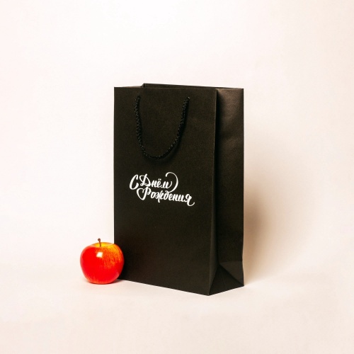 Пакеты бумажные 23х36х10см, цвет - черный, материал - плотный крафт, ламинация - без ламинации, ручки - шнур, фото 2