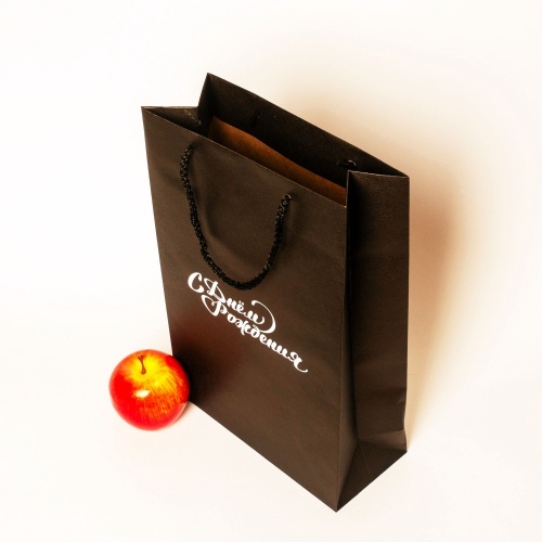 Пакеты бумажные 23х36х10см, цвет - черный, материал - плотный крафт, ламинация - без ламинации, ручки - шнур, фото 4