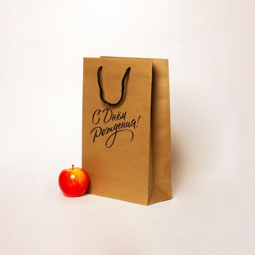 Пакеты бумажные 23х36х10см, цвет - коричневый, материал - плотный крафт, ламинация - без ламинации, ручки - шнур, фото 2