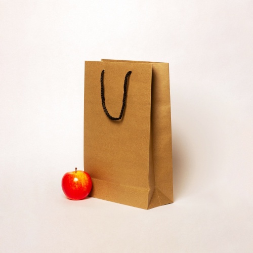 Пакеты бумажные 23х36х10см, цвет - коричневый, материал - плотный крафт, ламинация - без ламинации, ручки - шнур, фото 3