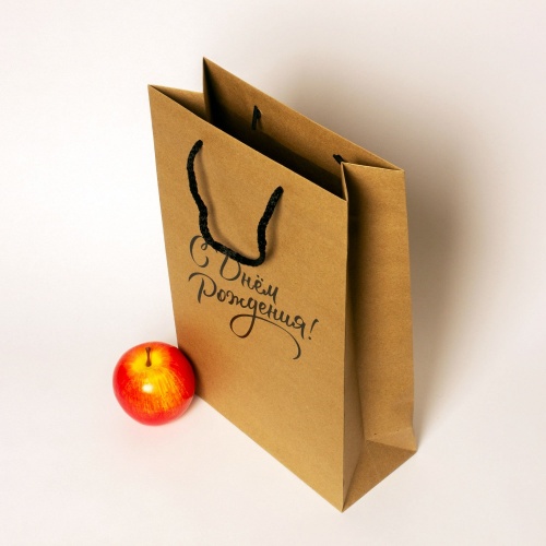 Пакеты бумажные 23х36х10см, цвет - коричневый, материал - плотный крафт, ламинация - без ламинации, ручки - шнур, фото 4