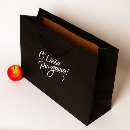Пакеты бумажные 47х34х16см, цвет - черный, материал - плотный крафт, ламинация - без ламинации, ручки - шнур, фото 4
