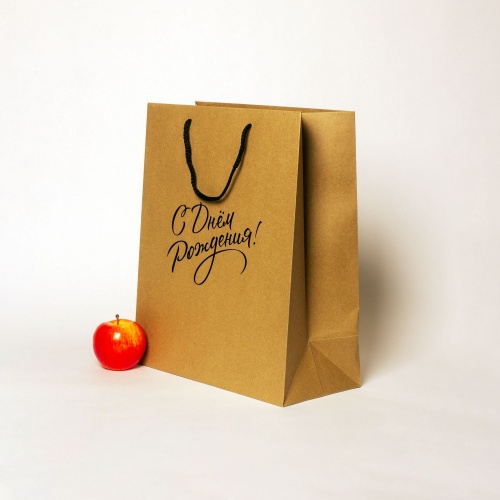 Пакеты бумажные 33х40х16см, цвет - коричневый, материал - плотный крафт, ламинация - без ламинации, ручки - шнур, фото 2