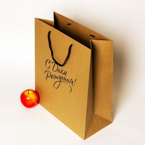 Пакеты бумажные 33х40х16см, цвет - коричневый, материал - плотный крафт, ламинация - без ламинации, ручки - шнур, фото 4